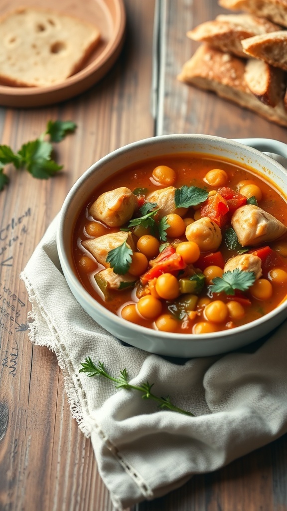 A bowl of chicken and chickpea stew garnished with fresh herbs, served with bread on the side.