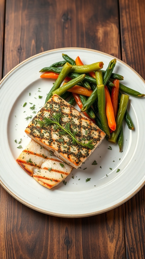 A plate of herb-crusted baked salmon served with colorful vegetables