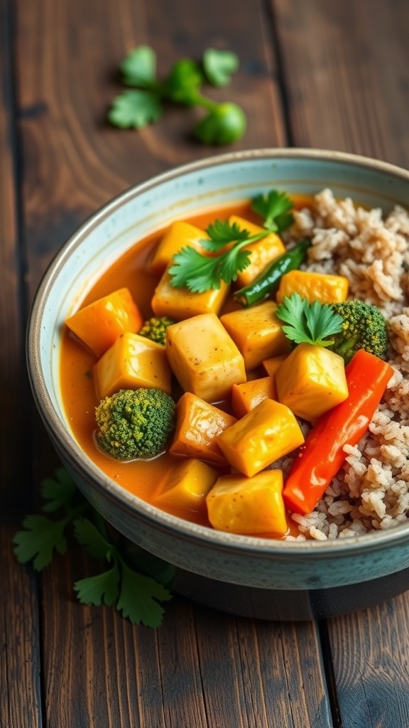 A bowl of aromatic tofu and vegetable curry with rice, garnished with fresh cilantro.