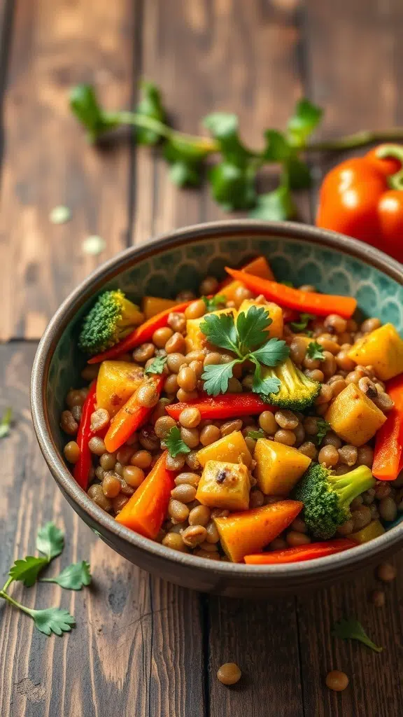 A bowl of lentil and vegetable stir-fry with colorful bell peppers, broccoli, and sweet potatoes.
