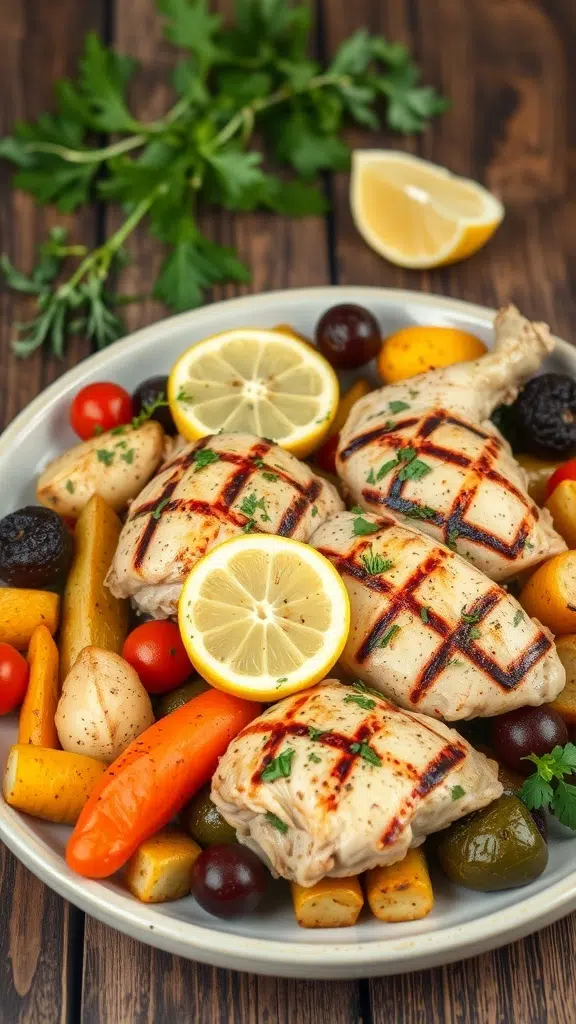 Grilled chicken with lemon slices and colorful vegetables on a plate
