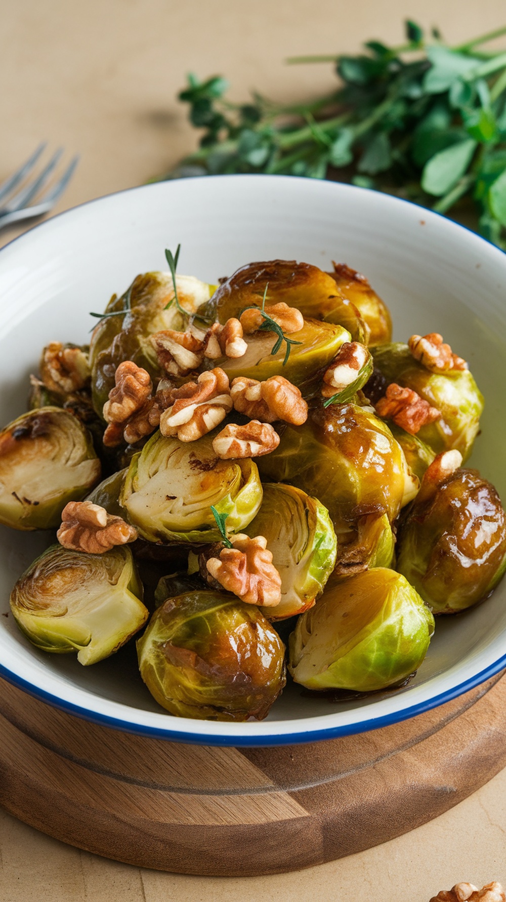 Apple-cider glazed Brussels sprouts with walnuts in a bowl