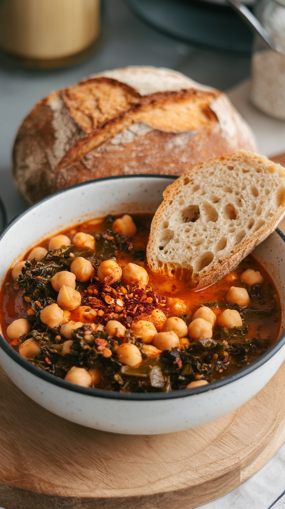 A bowl of spicy chickpea and kale stew with a slice of bread on the side.