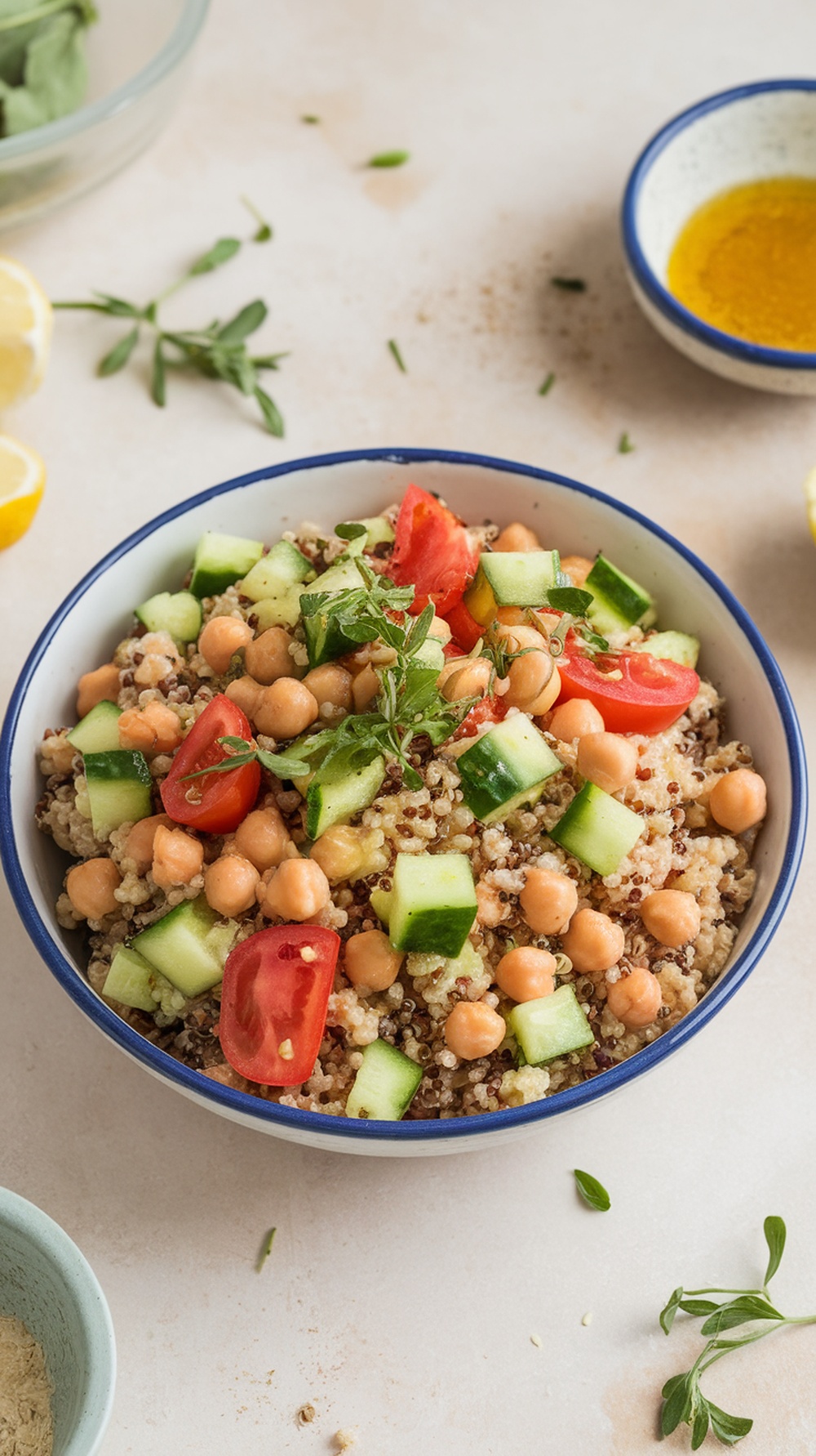 A colorful quinoa and chickpea salad with fresh vegetables.