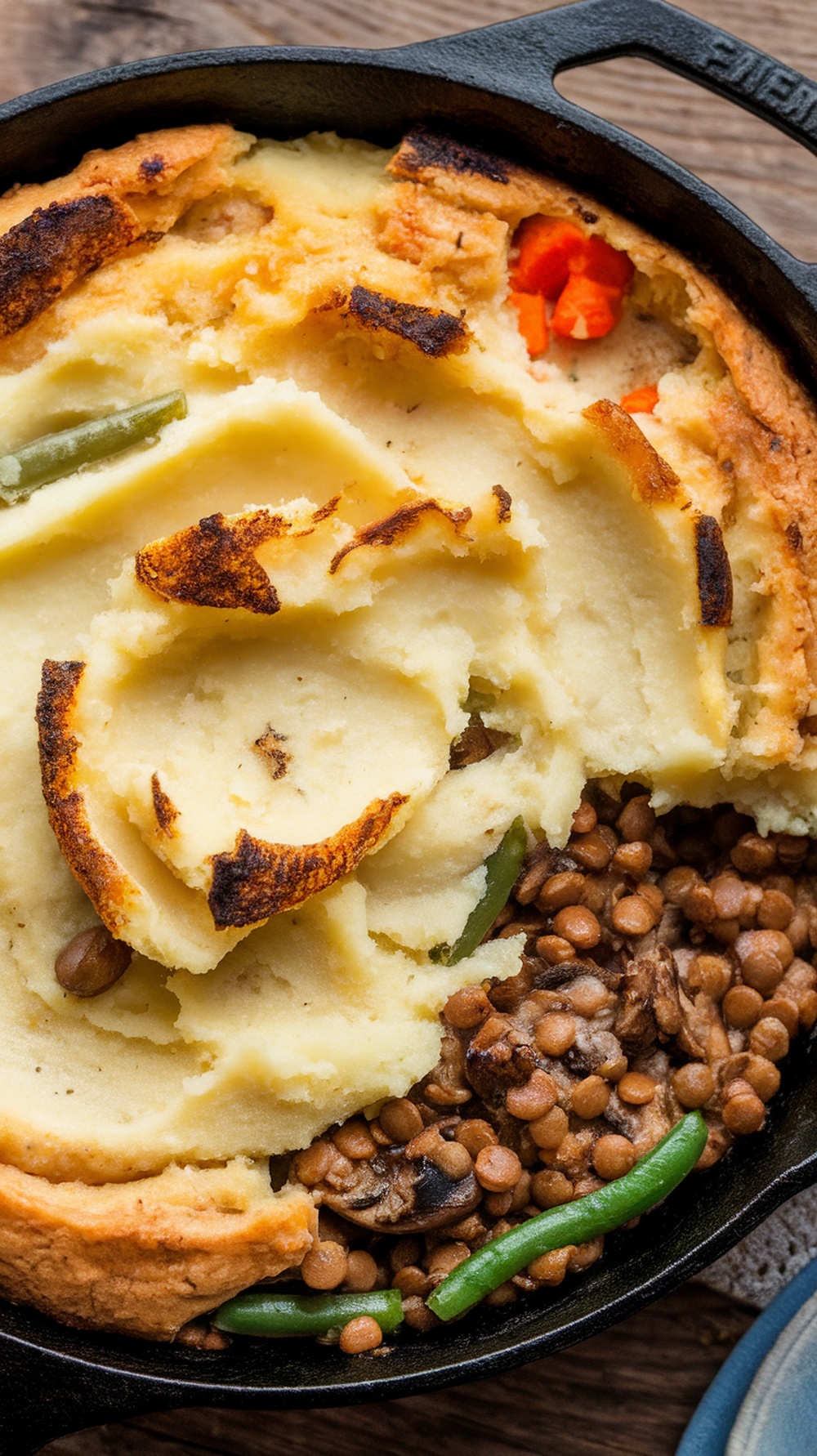 A delicious lentil and mushroom shepherd's pie topped with creamy mashed potatoes.