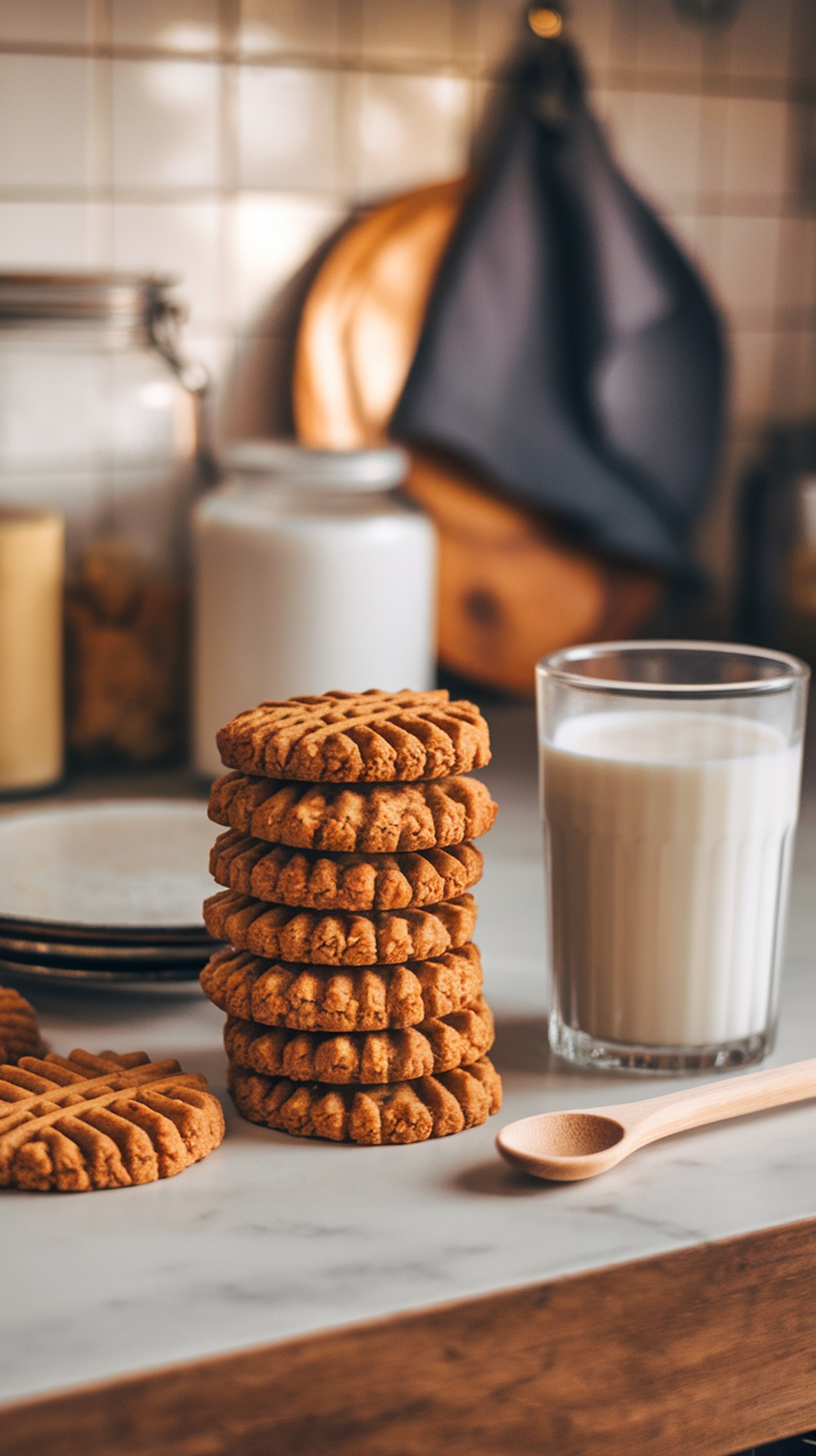 A stack of peanut butter cookies with a glass of milk on a kitchen counter.
