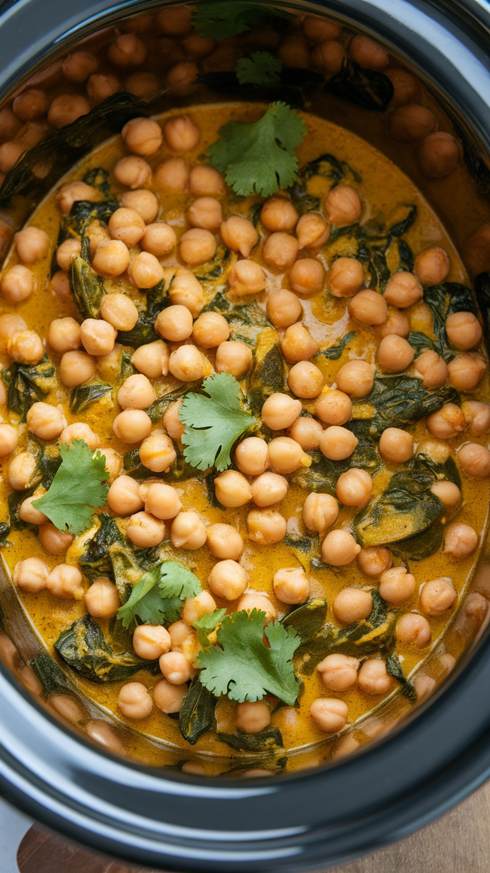 A slow cooker filled with coconut curry chickpeas and spinach, garnished with fresh cilantro.
