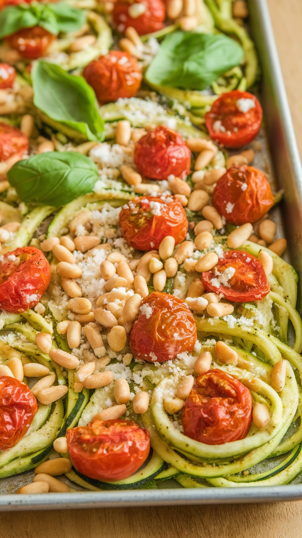 Pesto zucchini noodles with cherry tomatoes, pine nuts, and basil on a sheet pan.