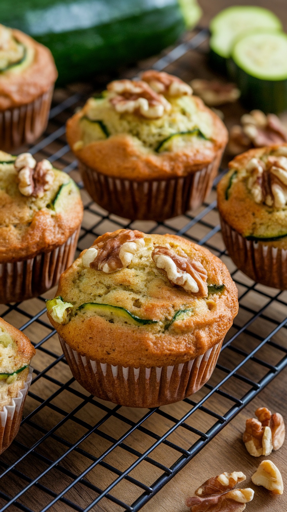 Freshly baked zucchini walnut protein muffins cooling on a wire rack.