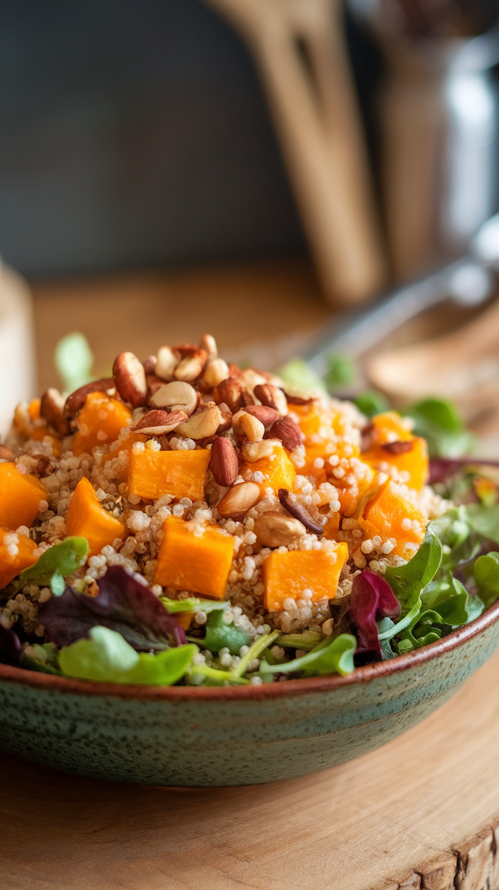 A colorful bowl of roasted butternut squash and quinoa salad topped with nuts and greens.