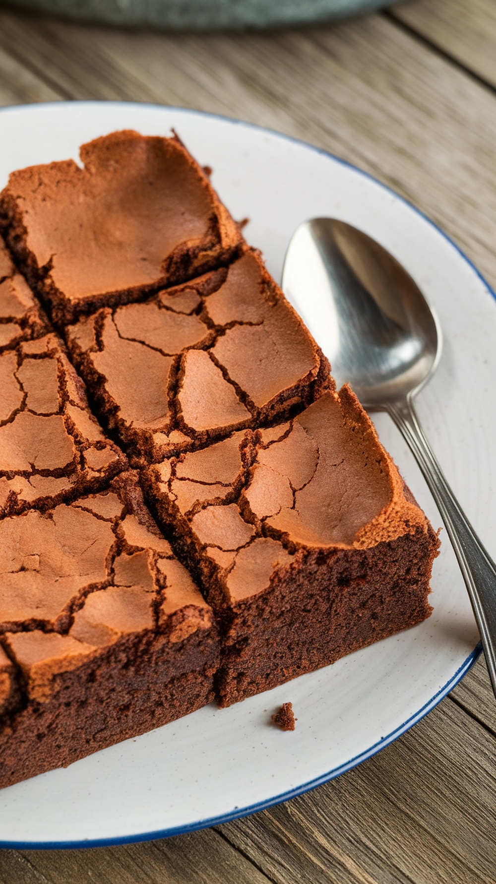 A plate of fudgy cottage cheese protein brownies, cut into squares, with a spoon beside it.