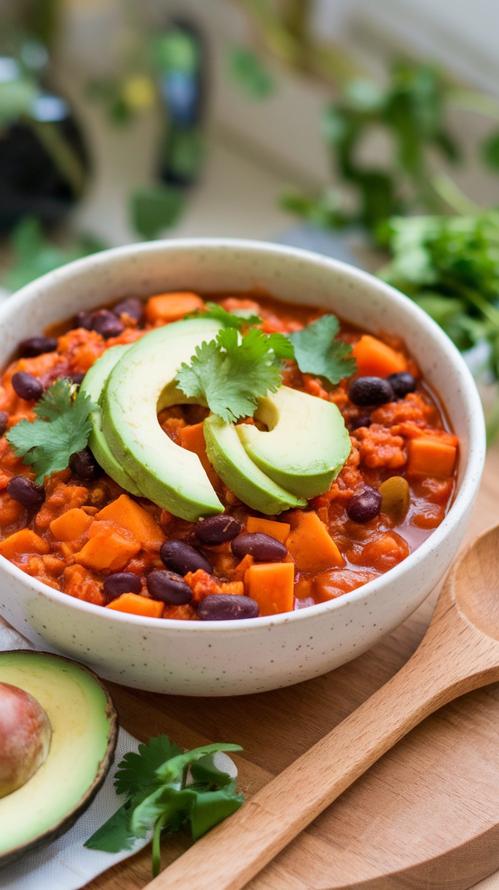 A bowl of sweet potato and black bean chili topped with avocado slices and cilantro.