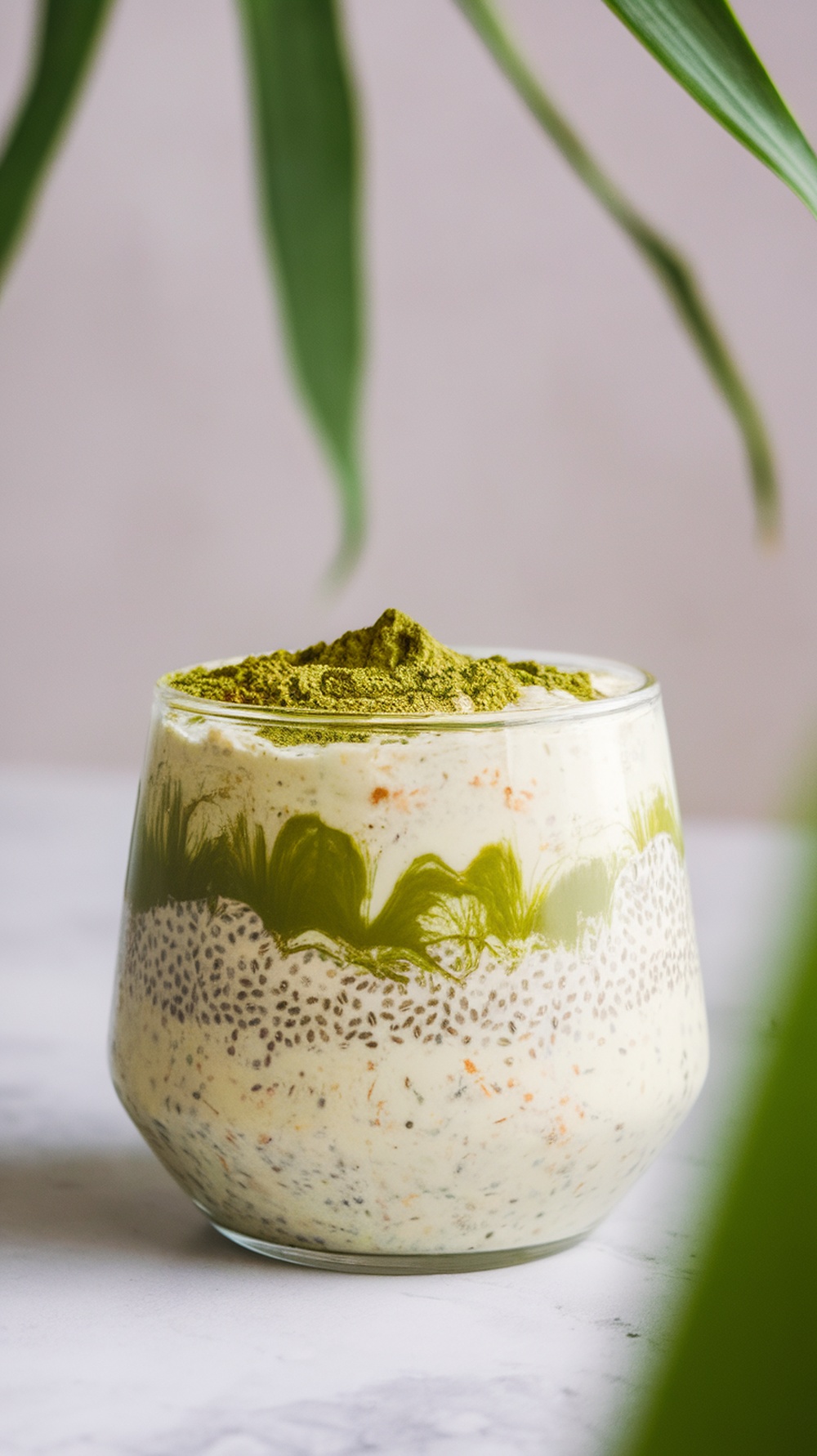 A glass of matcha green tea protein oats with chia seeds, topped with matcha powder.