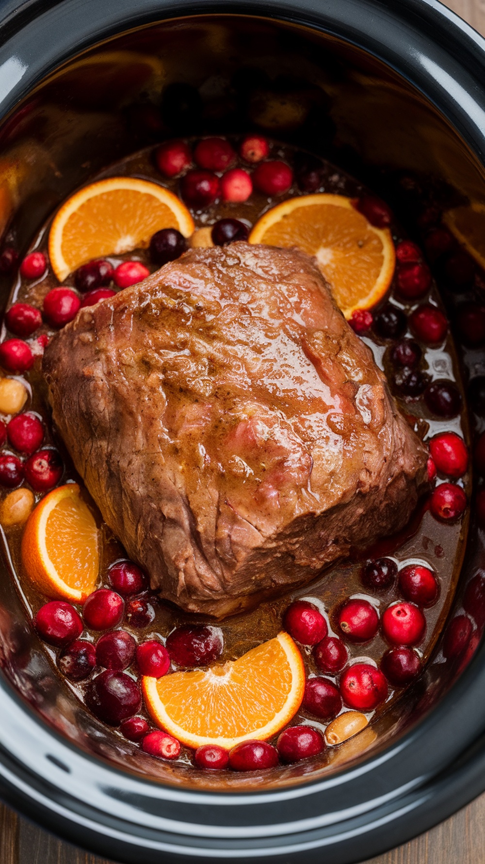 A slow cooker filled with a pot roast surrounded by cranberries and orange slices.