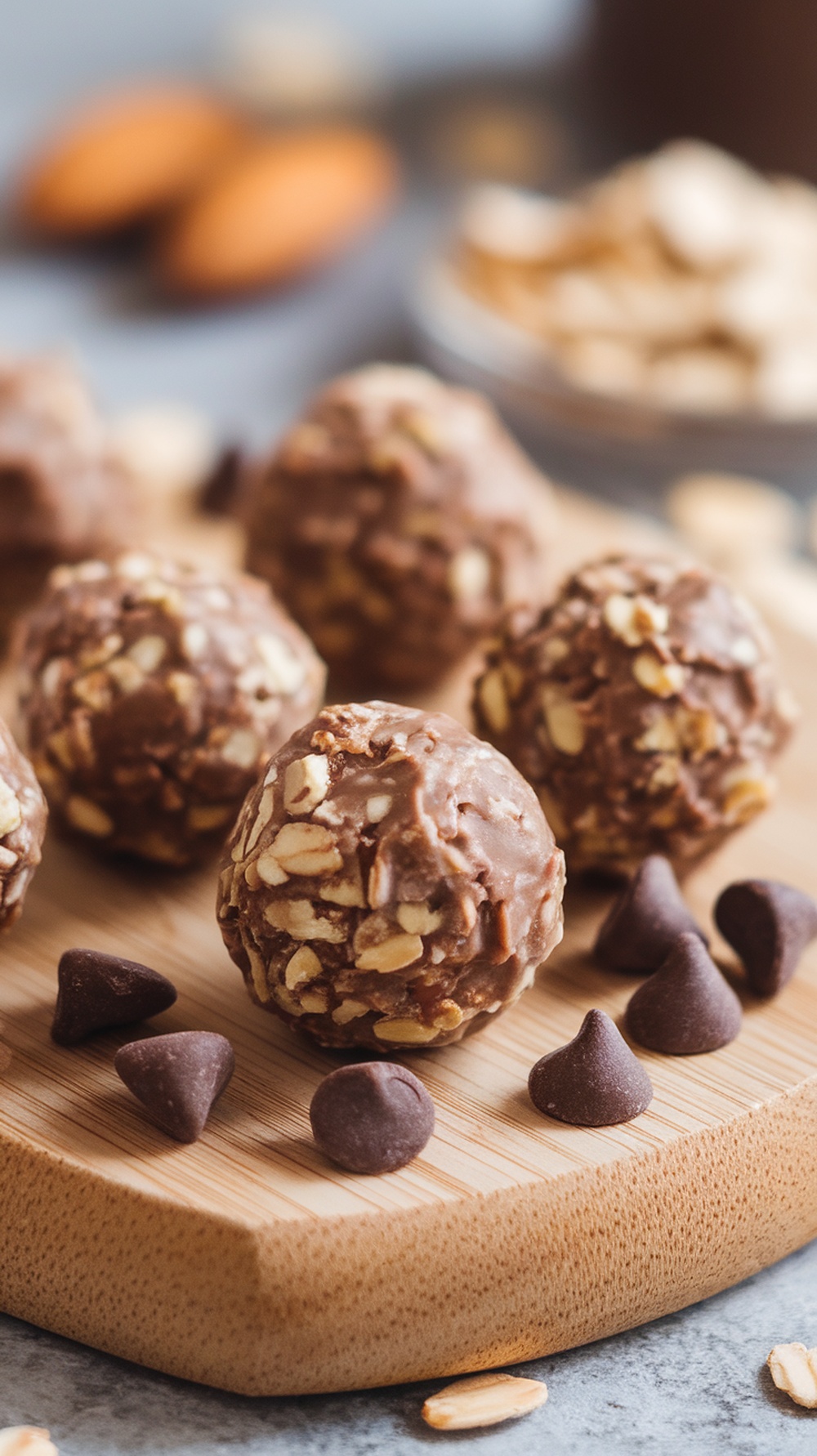 Nutty chocolate protein balls on a wooden board with chocolate chips and almonds