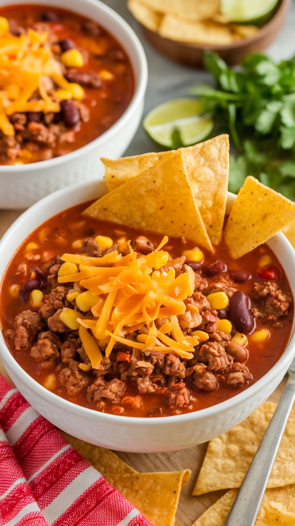 A bowl of spicy taco soup garnished with cheese and tortilla chips