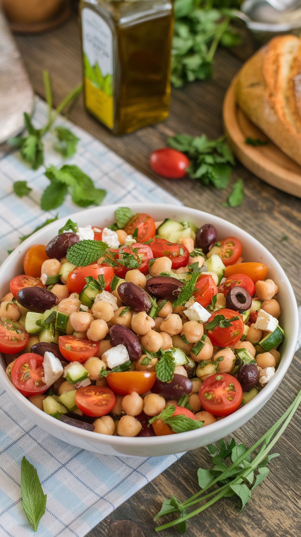 A bowl of Mediterranean Chickpea Salad with fresh vegetables and herbs.