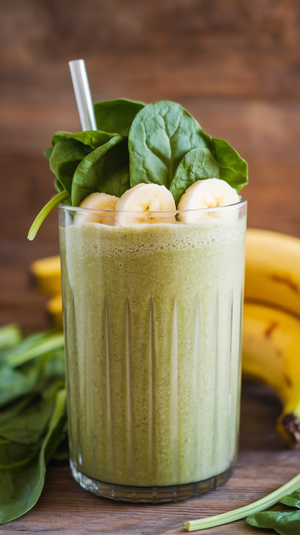 A refreshing green spinach and banana protein smoothie topped with banana slices and spinach leaves.