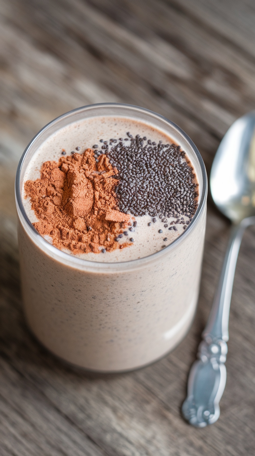A glass of mocha espresso protein oats topped with cocoa powder and chia seeds.