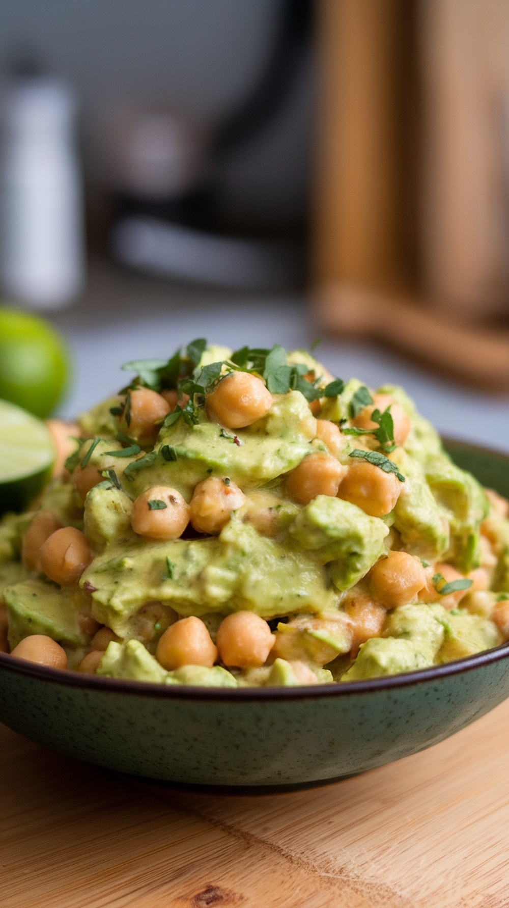 A bowl of chickpea pasta mixed with creamy avocado sauce and topped with chickpeas and fresh herbs.