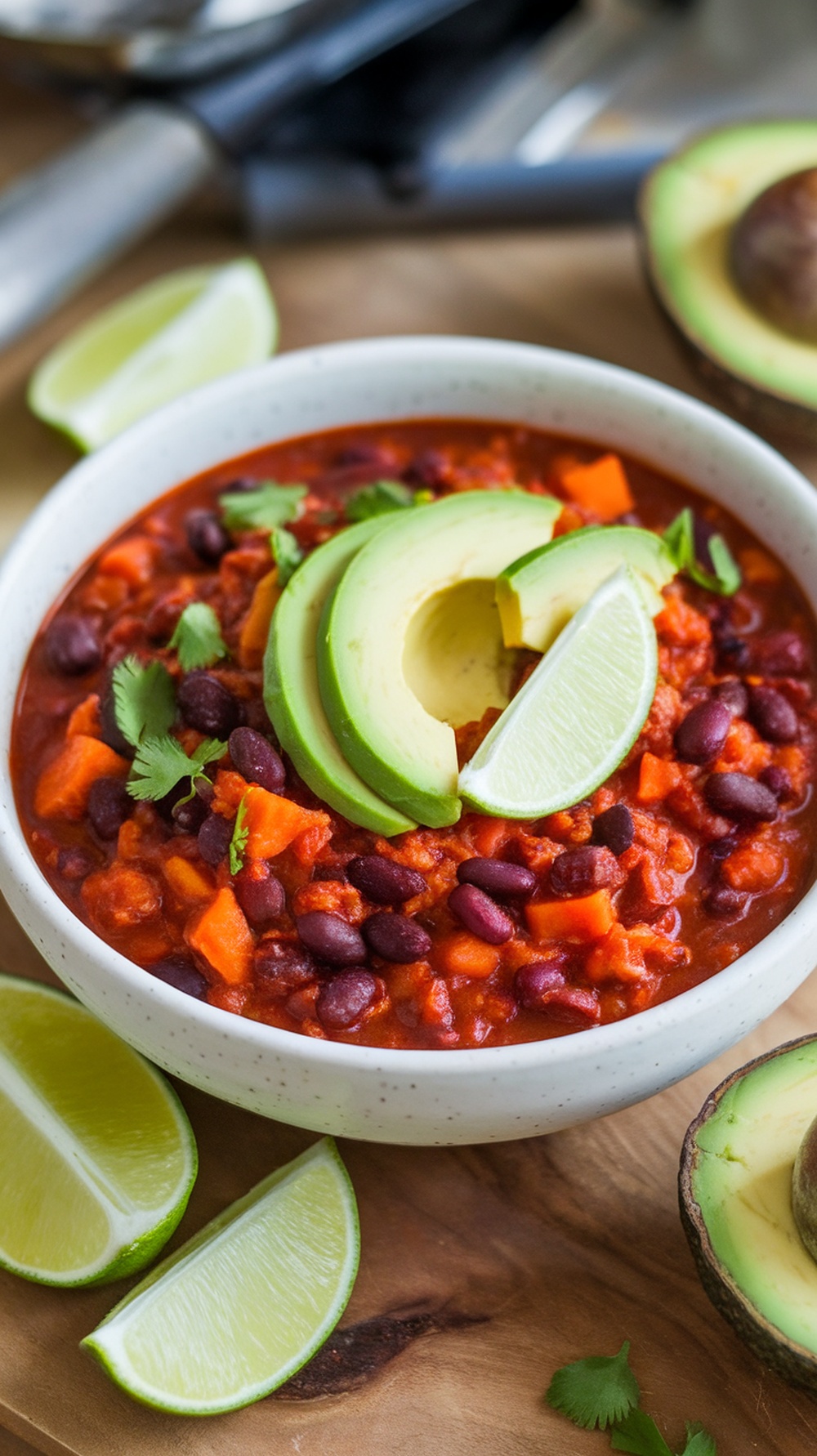 A bowl of spicy black bean and sweet potato chili topped with avocado slices and lime wedges.