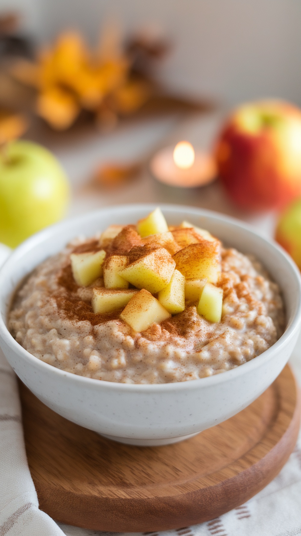 A bowl of apple cinnamon protein oats topped with diced apples and cinnamon, set against a cozy autumn background.
