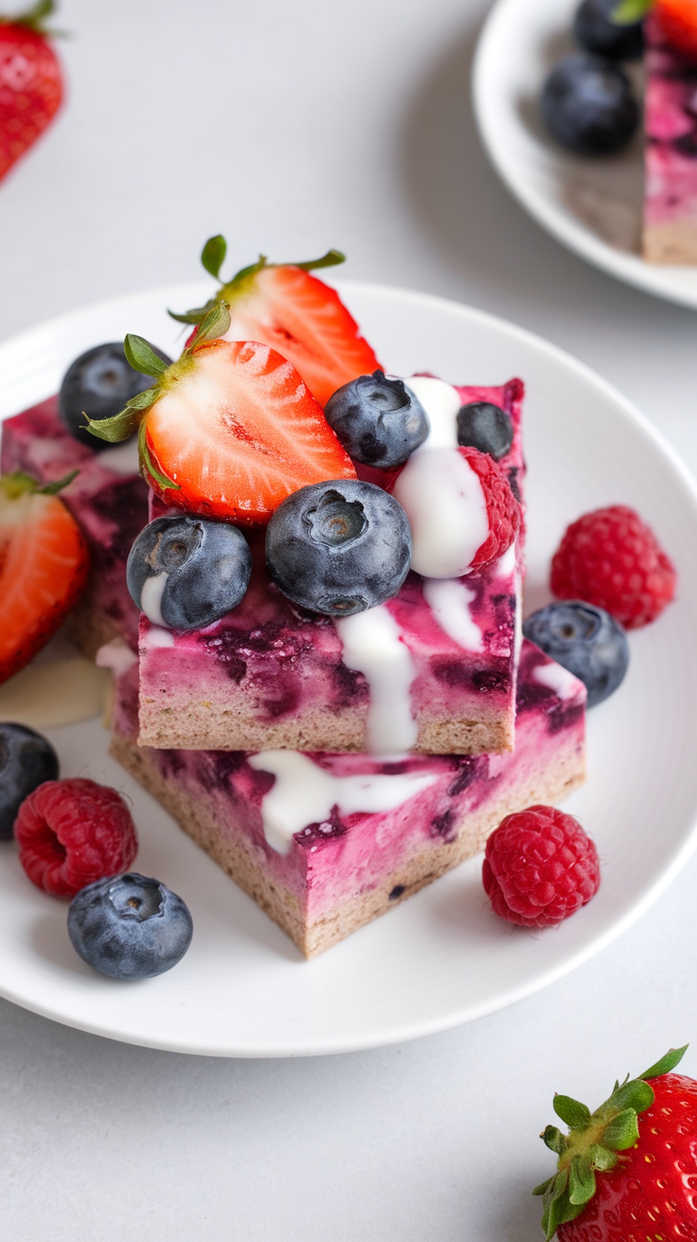 Berry Bliss Protein Squares topped with fresh strawberries, blueberries, and raspberries