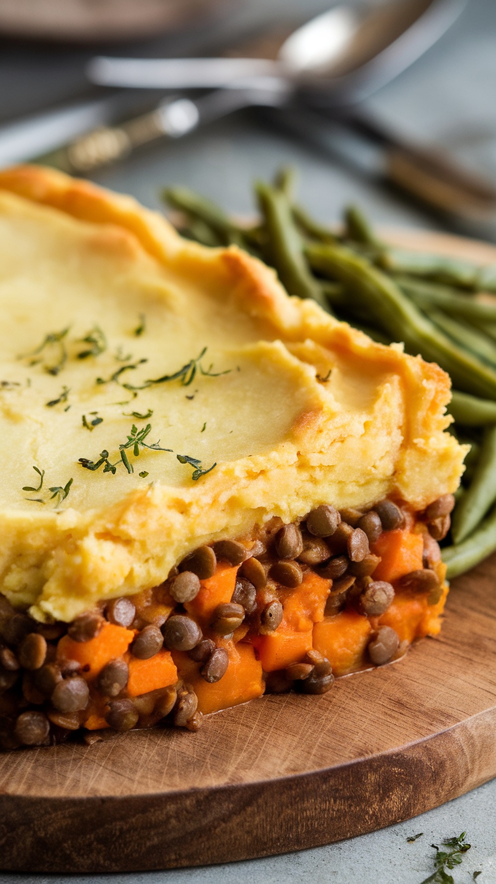 Savory butternut squash and lentil shepherd's pie served with green beans