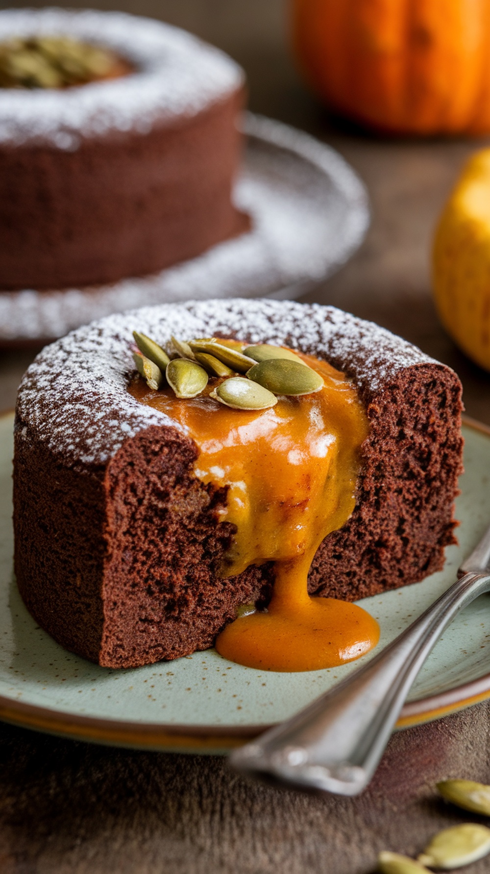 Delicious pumpkin spice protein brownies with a gooey center, topped with powdered sugar and pumpkin seeds.