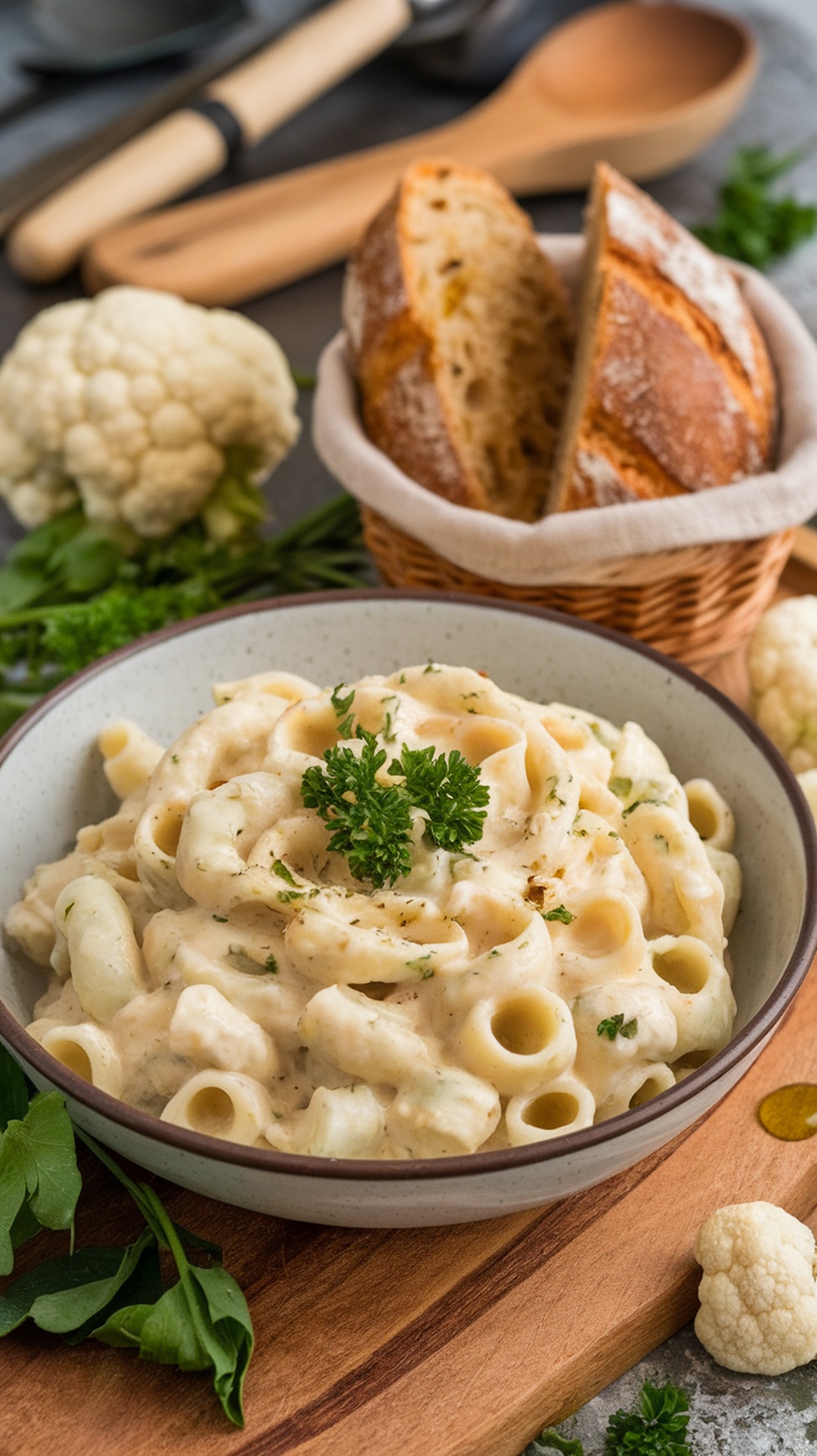 A bowl of creamy cauliflower alfredo pasta garnished with parsley, served with bread and cauliflower on the side.