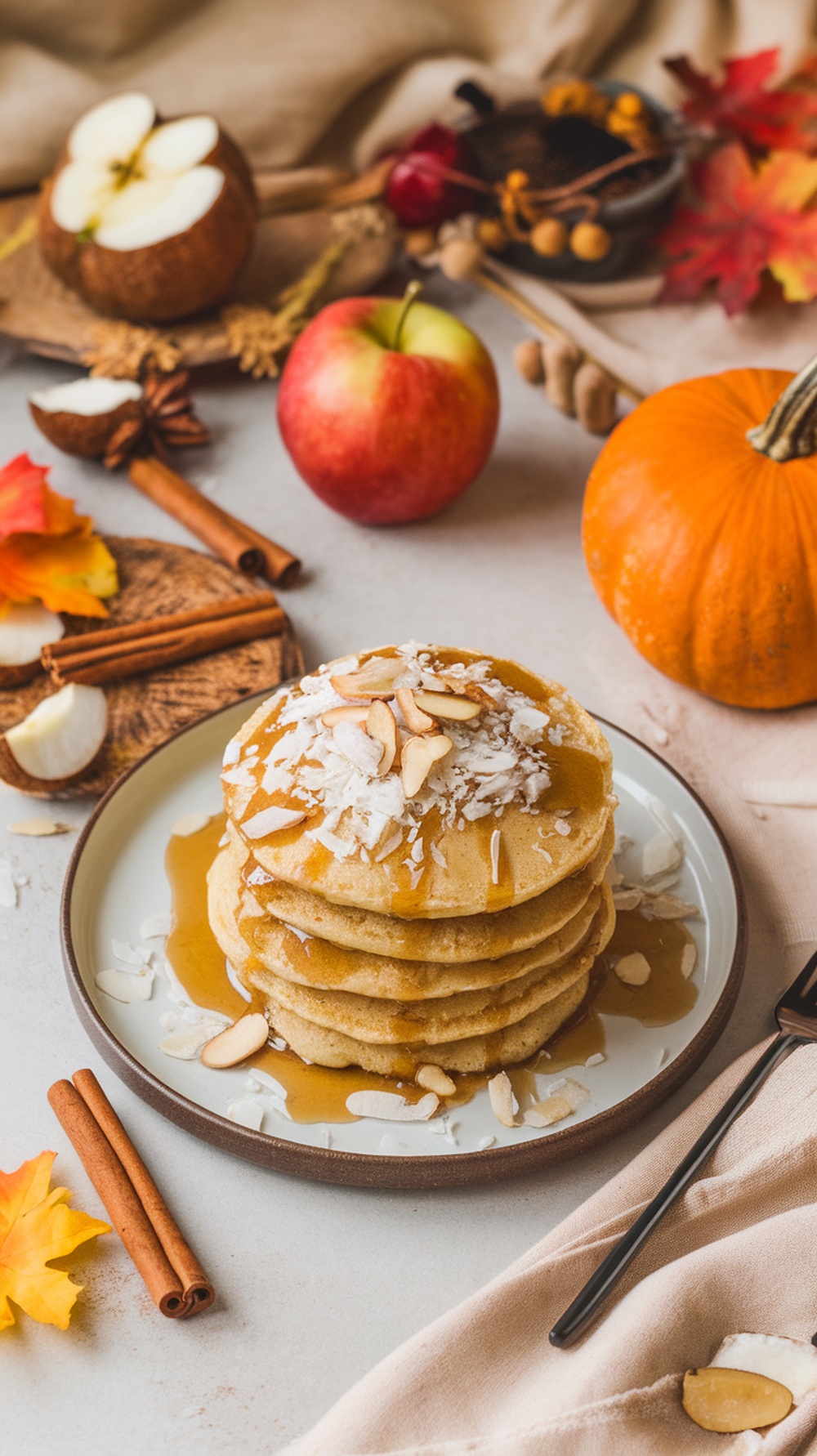A stack of peanut butter protein pancakes topped with peanut butter and chopped peanuts.