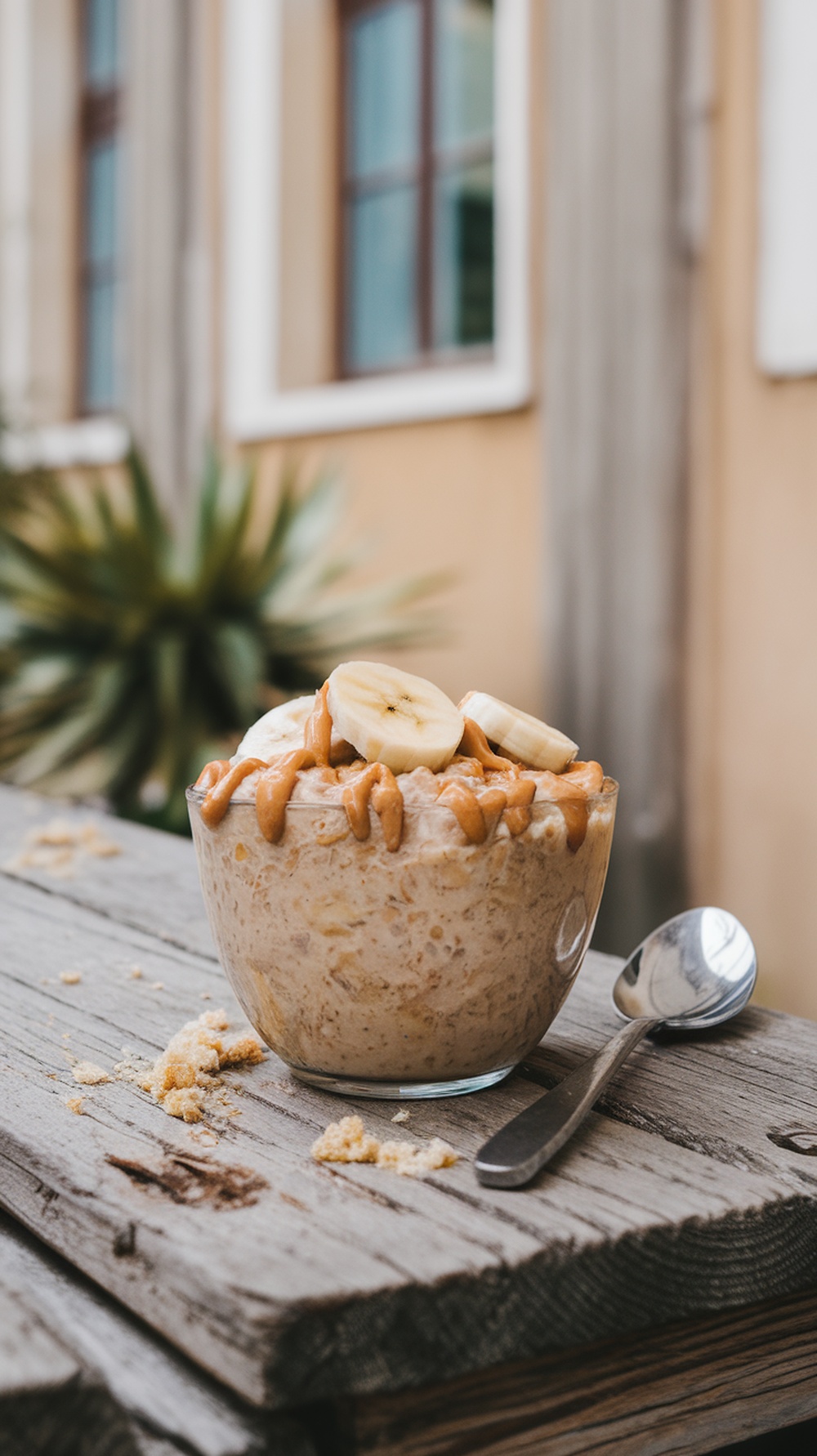 A bowl of peanut butter banana overnight oats topped with banana slices and peanut butter drizzle.