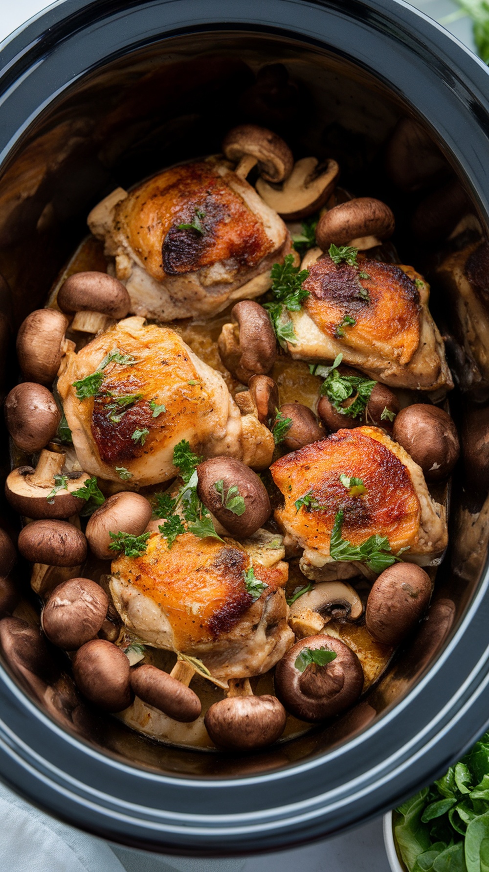 Savory chicken thighs with mushrooms in a slow cooker, garnished with herbs.