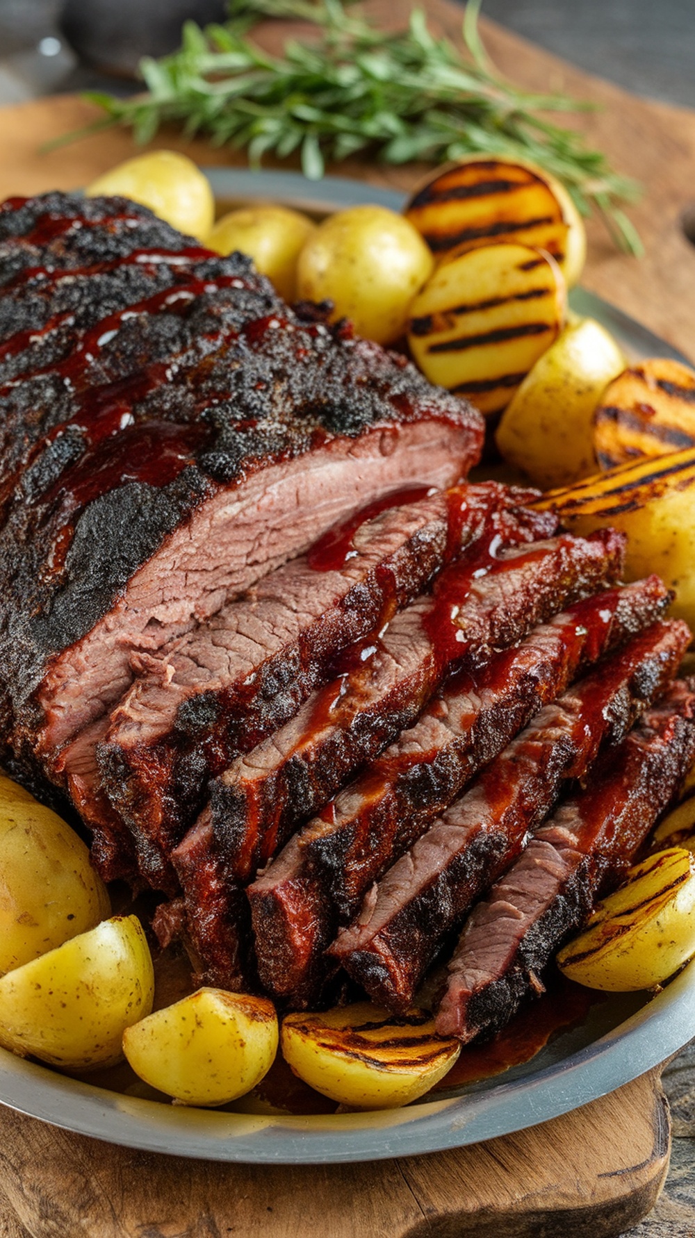 A beautifully cooked barbecue beef brisket, sliced and served with grilled potatoes.