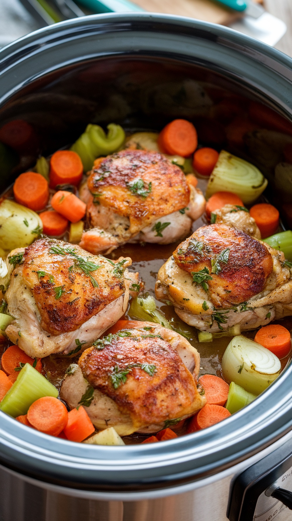 Lemon Herb Garlic Chicken Thighs in a slow cooker with vegetables