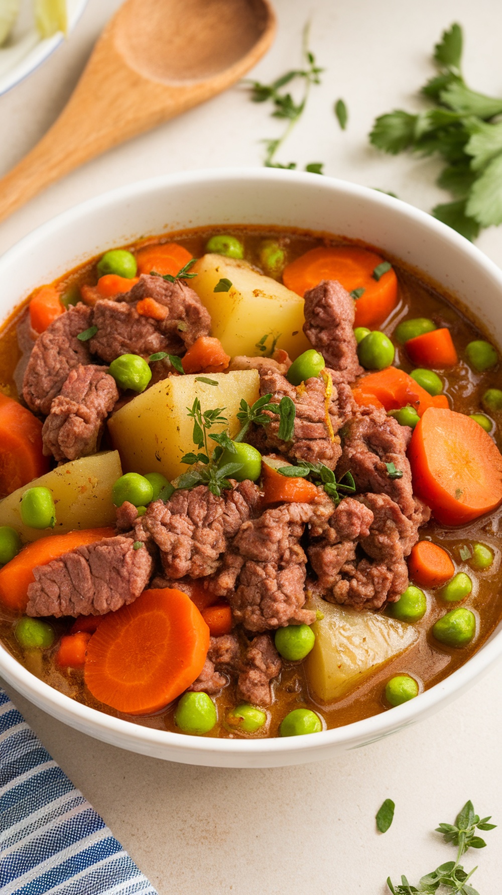 A bowl of beef and vegetable stew with carrots, peas, and potatoes.