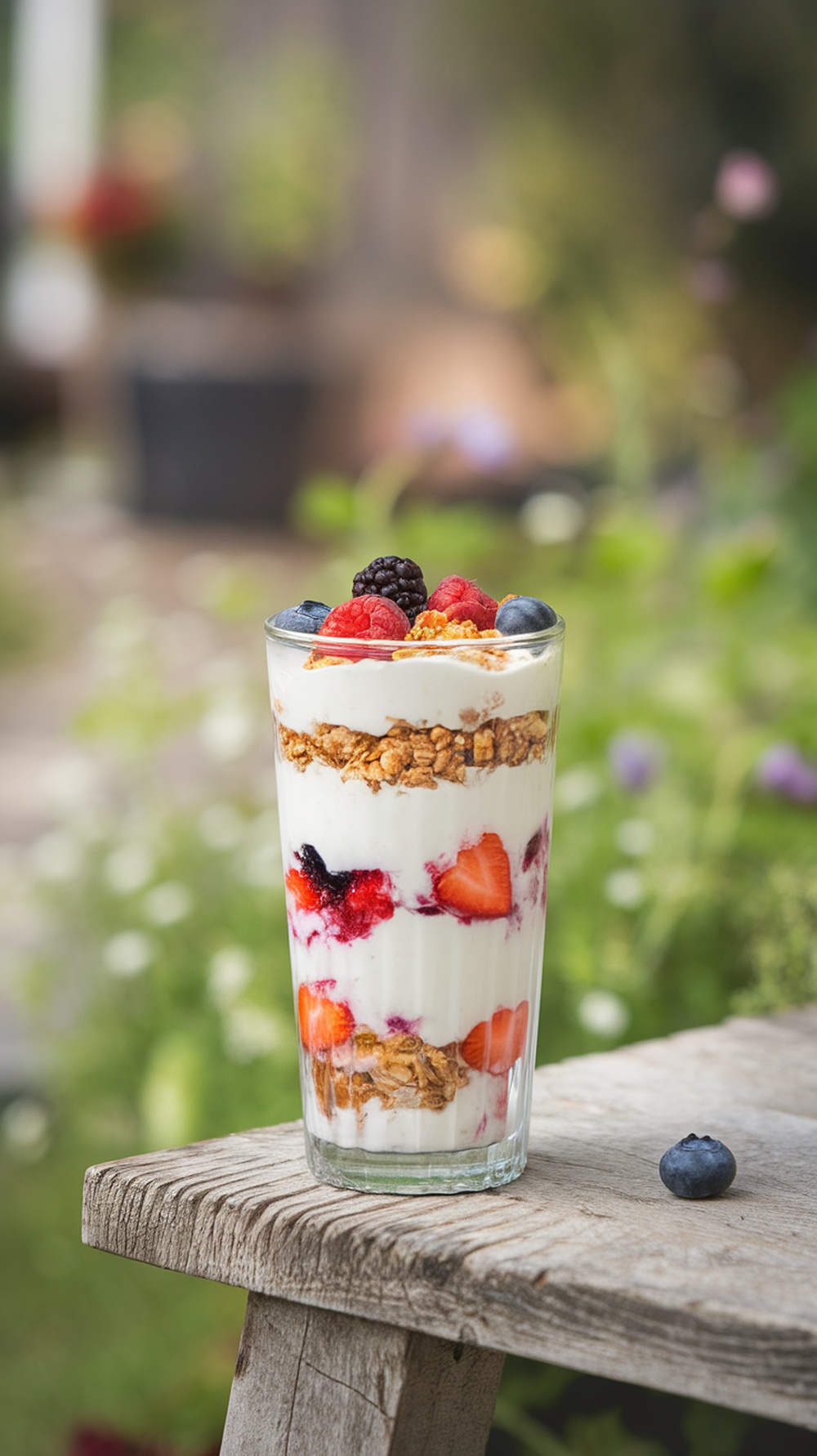 A Greek yogurt parfait layered with berries and granola in a glass