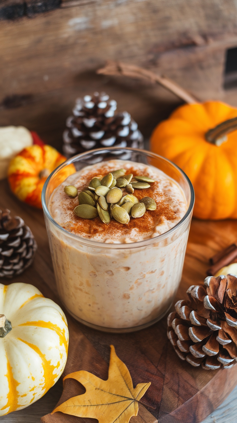 A glass of pumpkin spice overnight oats topped with pumpkin seeds, surrounded by autumn decorations like mini pumpkins and pinecones.