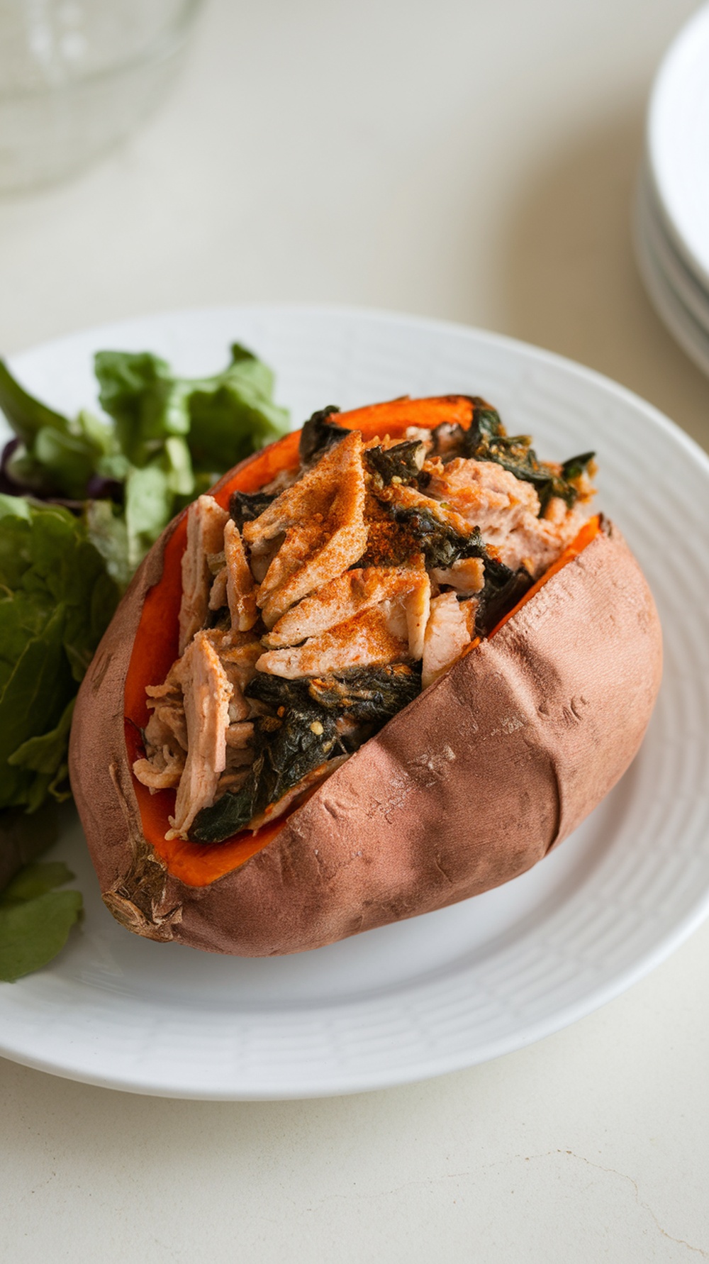Stuffed sweet potato with turkey and spinach on a plate