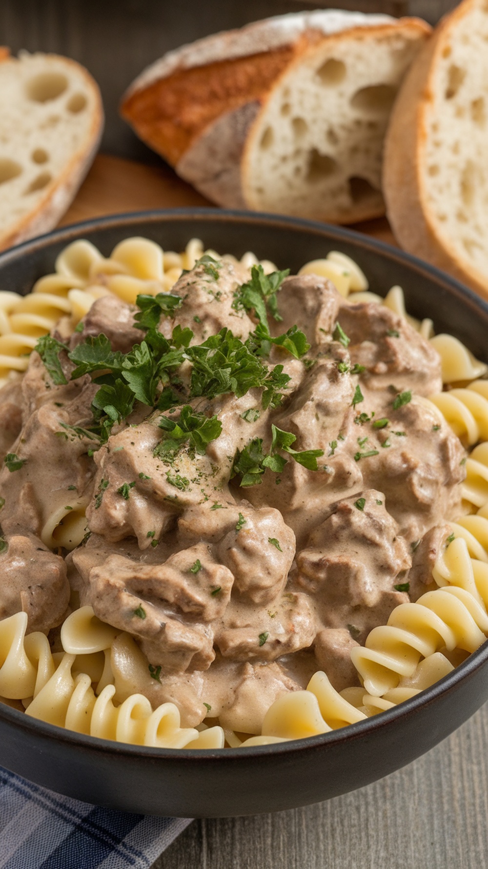 A bowl of beef stroganoff pasta topped with parsley, served with crusty bread.