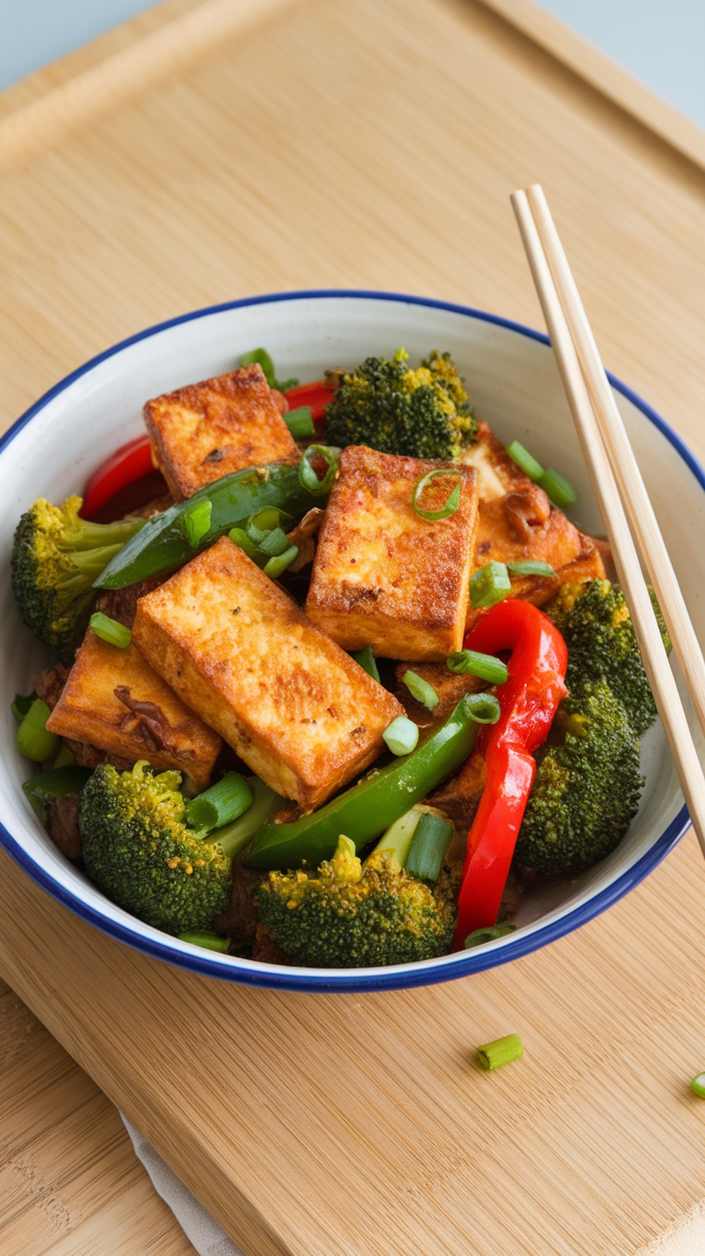 A bowl of tofu stir-fry with broccoli and bell peppers, garnished with green onions and chopsticks on the side.
