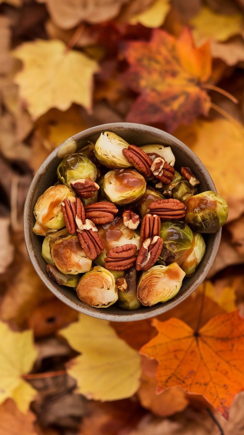 A bowl of maple-glazed Brussels sprouts with pecans on a bed of autumn leaves.