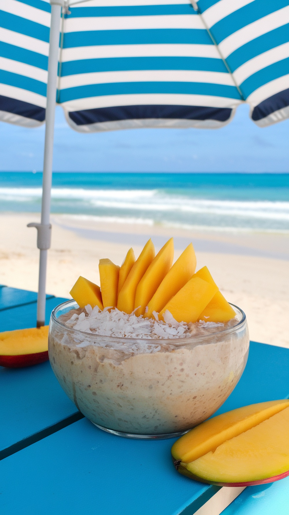A bowl of coconut mango protein oats with fresh mango slices on top, set against a beach background.