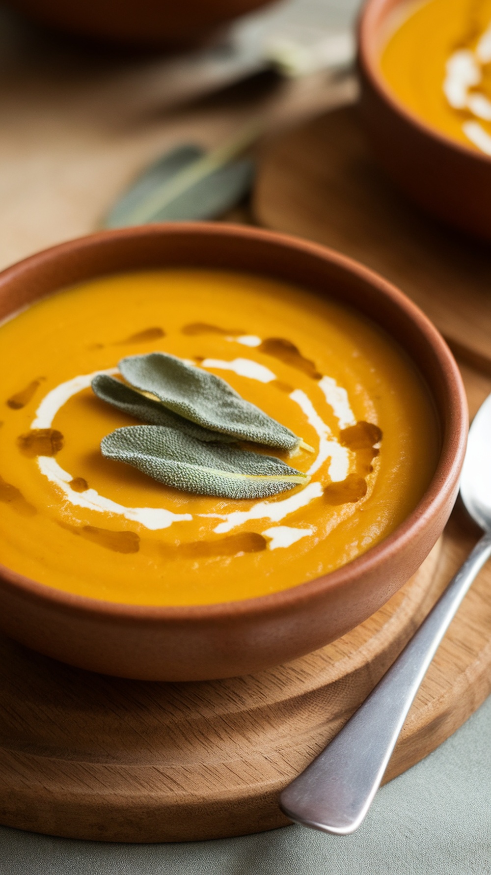 A bowl of creamy butternut squash and sage soup garnished with sage leaves and a swirl of cream.