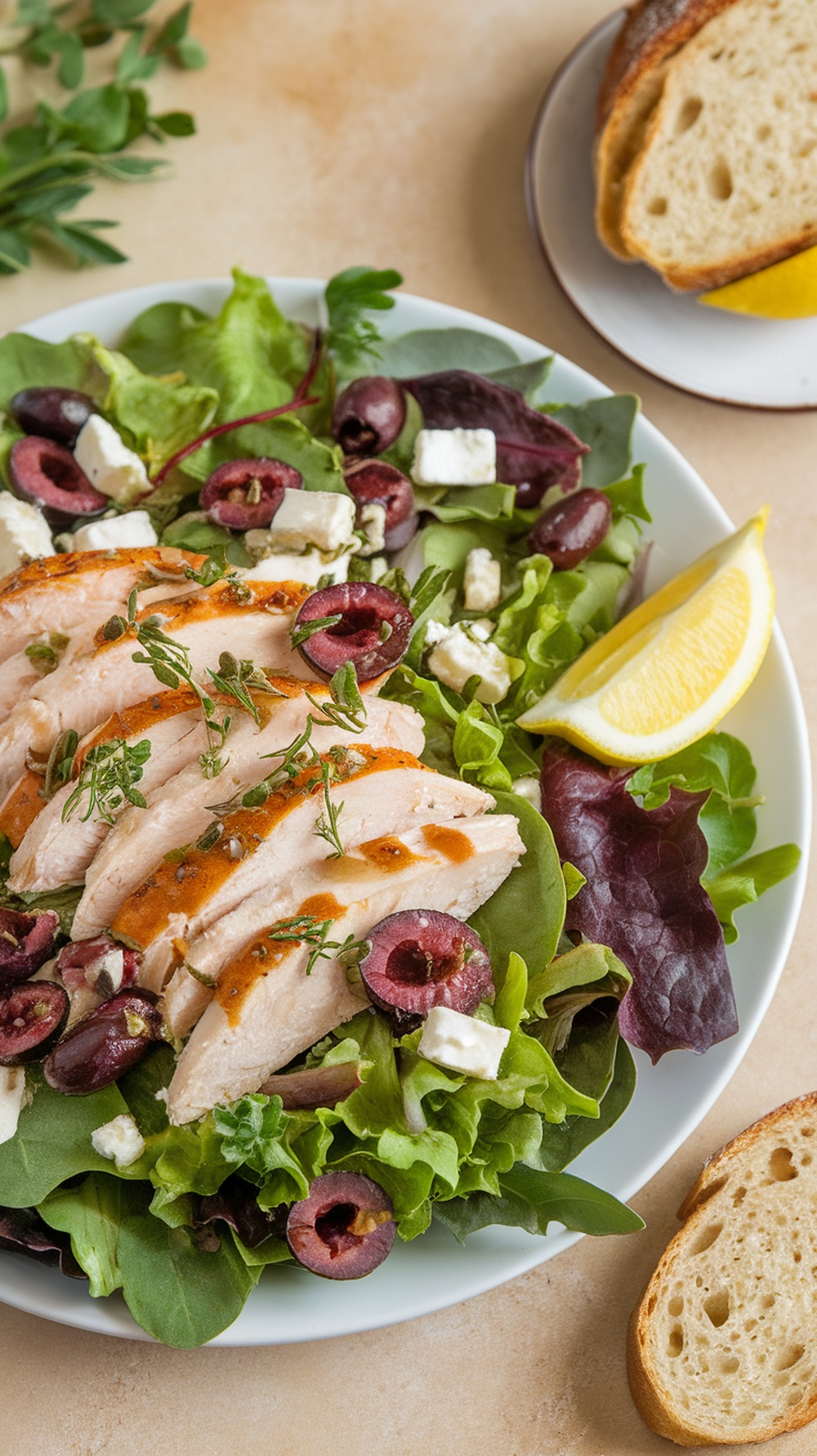 A Mediterranean chicken salad with greens, olives, feta cheese, and grilled chicken, served with lemon wedges and bread.