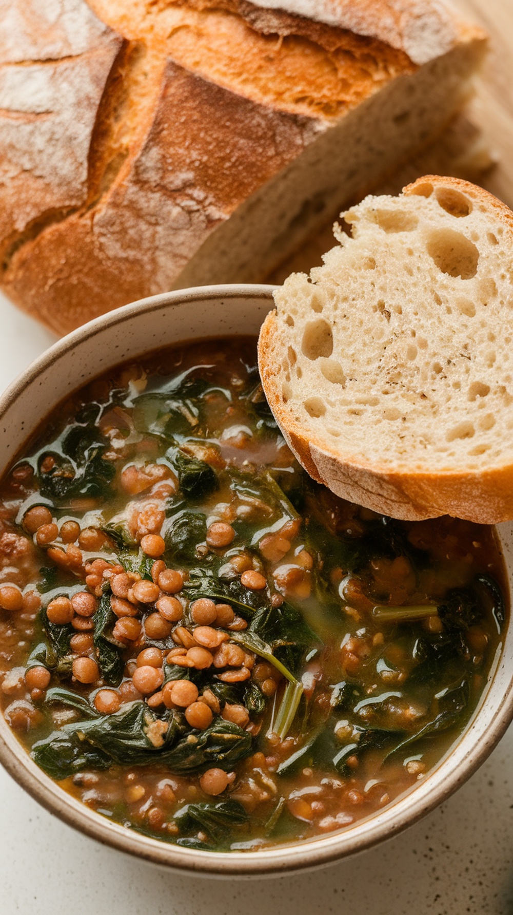 A bowl of lentil soup with spinach and a slice of bread on the side.