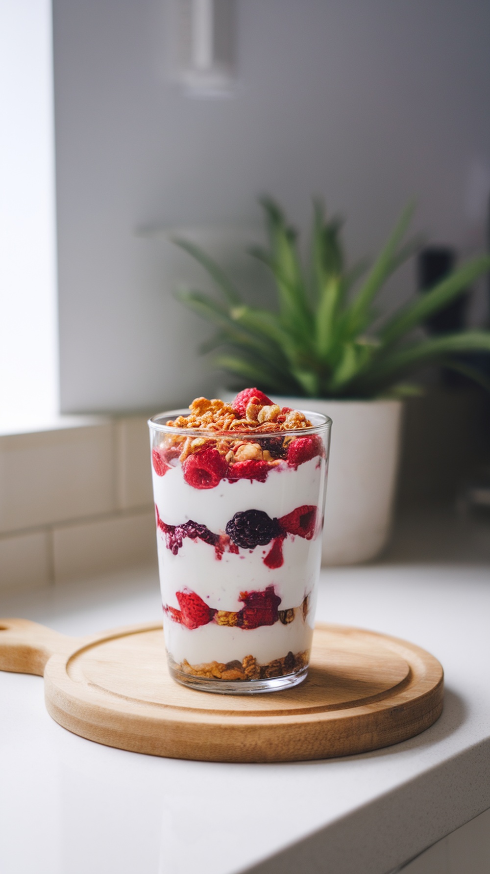 A Greek yogurt parfait layered with raspberries, blackberries, and granola in a glass.