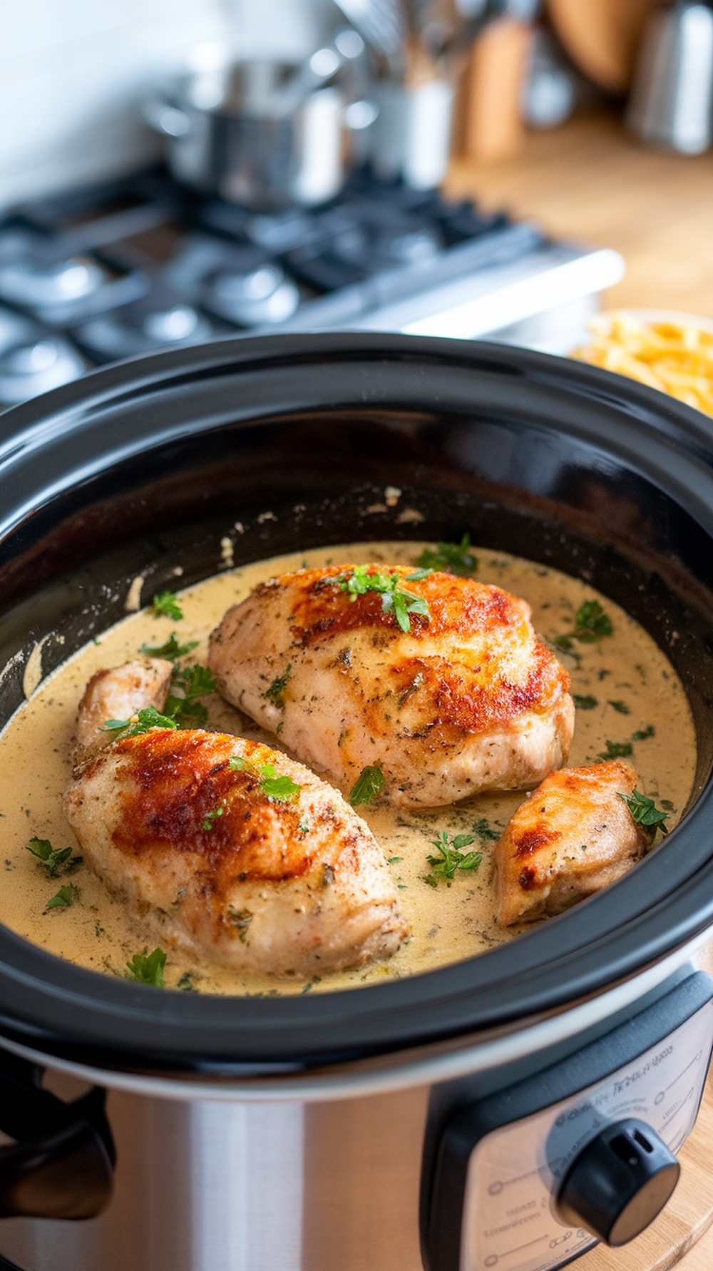 Creamy Garlic Parmesan Chicken in a slow cooker