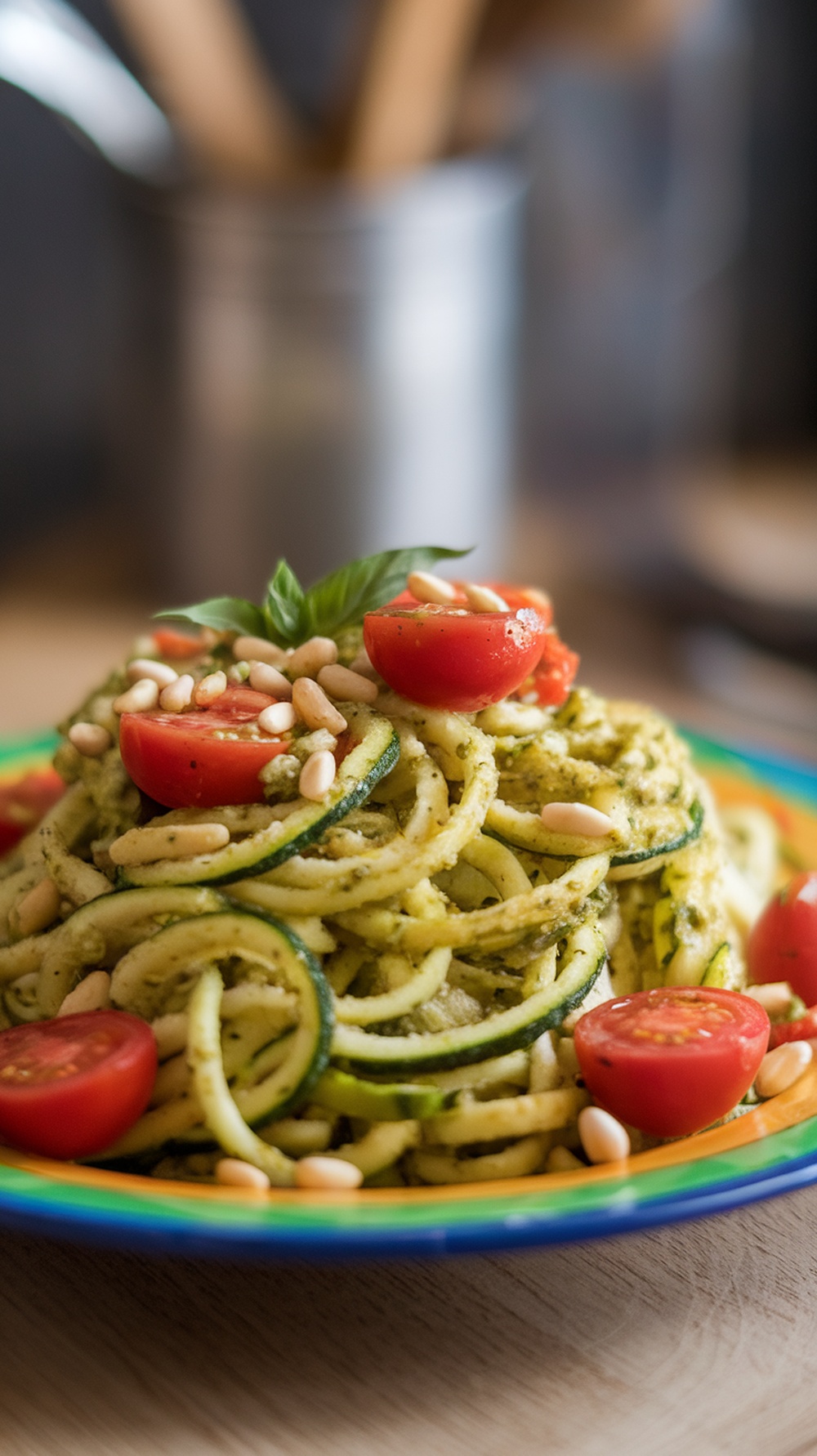 A plate of zucchini noodles topped with pesto, cherry tomatoes, and pine nuts.