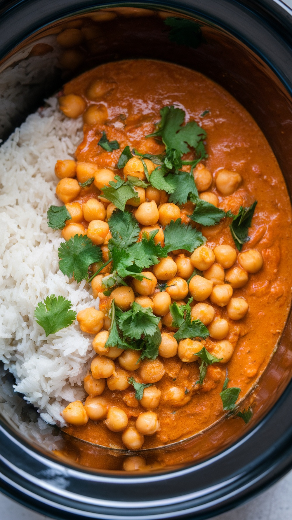 Creamy Coconut Chickpea Curry served with rice and garnished with cilantro